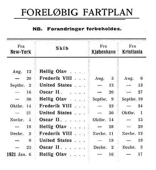 Sailing Schedule, New York-Copenhagen-Oslo (Kristiania), from 6 August 1920 to 6 January 1921.