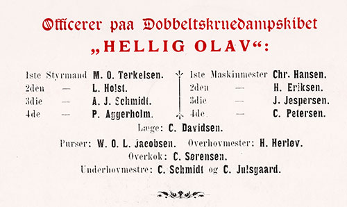 Senior Officers, SS Hellig Olav Passenger List, 23 August 1905.