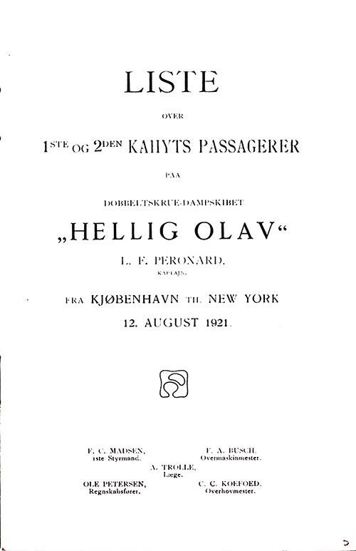 Title Page, SS Hellig Olav First and Second Cabin Passenger List, 12 August 1921.