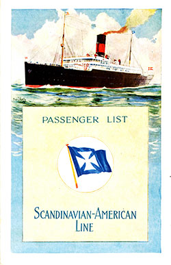 Front Cover of a Cabin Passenger List from the SS Hellig Olav of the Scandinavian-American Line, Departing 29 March 1923 from New York to Copenhagen via Kristiansand and Oslo.