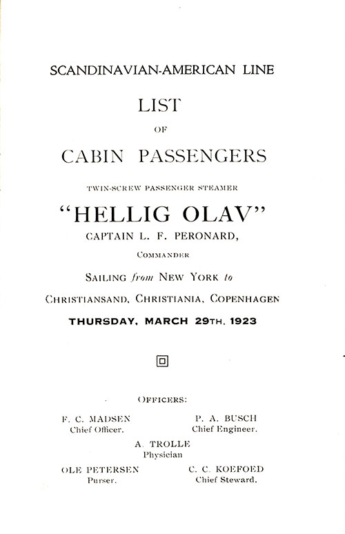 Title Page, SS Hellig Olav Cabin Passenger List, 29 March 1923.