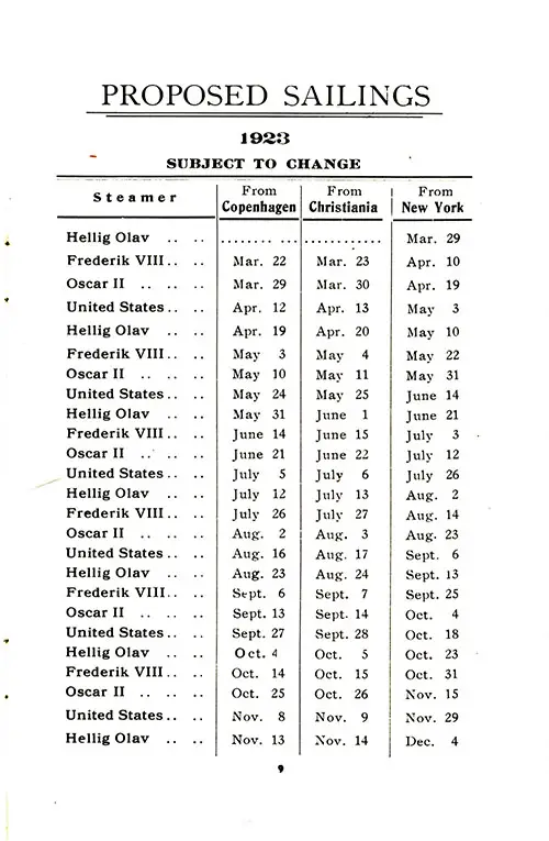 Sailing Schedule, Copenhagen-Oslo-New York, from 22 March 1923 to 4 December 1923.