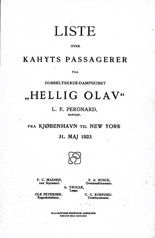Title Page, SS Hellig Olav Cabin Passenger List, 1923-05-31.