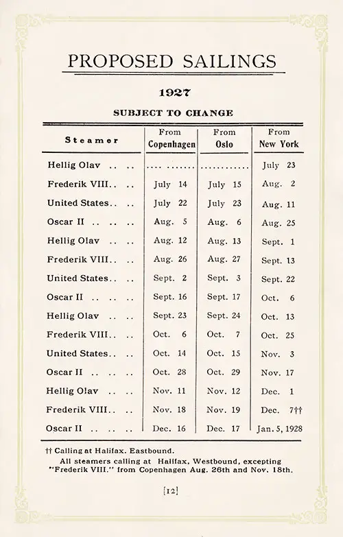 Sailing Schedule, Copenhagen-Oslo-New York, from 14 July 1927 to 5 January 1928.