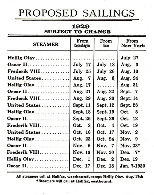 Sailing Schedule, Copenhagen-Oslo-New York, from 17 July 1929 to 7 January 1930.