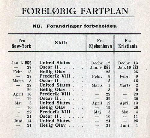 Sailing Schedule, New York-Copenhagen-Kristiana (Oslo), from 12 December 1922 to 21 June 1923.