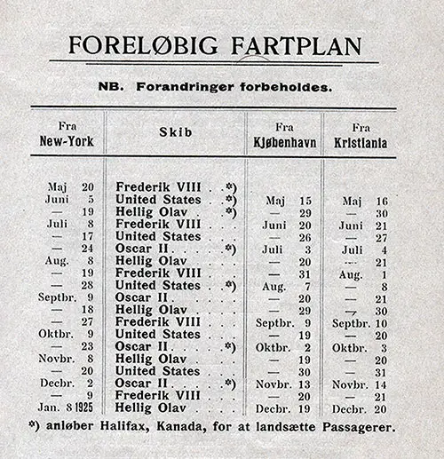 Sailing Schedule, New York-Copenhagen-Kristiana (Oslo), from 15 May 1924 to 8 January 1925.
