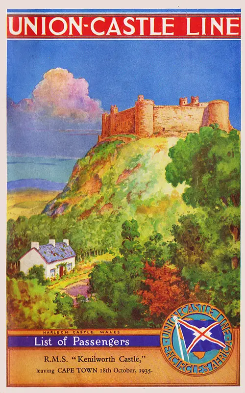 Front Cover of a First and Tourist Class Passenger List from the SS Kenilworth Castle of the Union-Castle Line, Departing 18 October 1935 from Natal to Southampton.