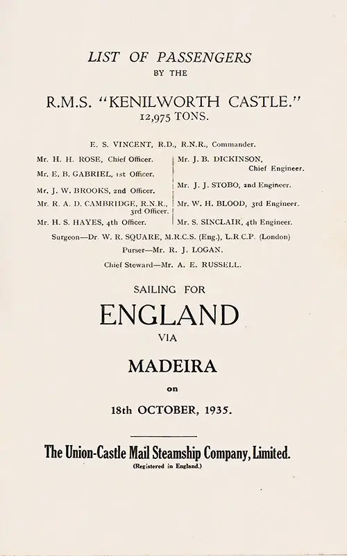 Title Page with Listing of Senior Officers and Staff, SS Kenilworth Castle Cabin and Tourist Class Passenger List, 18 October 1935.