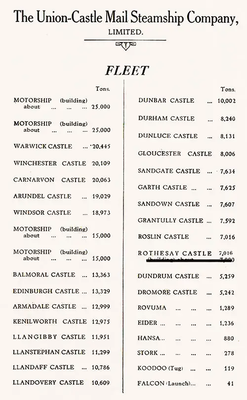 Union Castle Line Fleet List, October 1935.