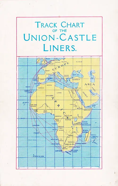 Union Castle Track Chart on the Back Cover, SS Kenilworth Castle First and Tourist Class Passenger List, 18 October 1935.