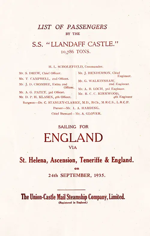 Title Page Including List of Senior Officers and Staff, SS Llandaff Castle First and Tourist Class Passenger List, 24 September 1935.