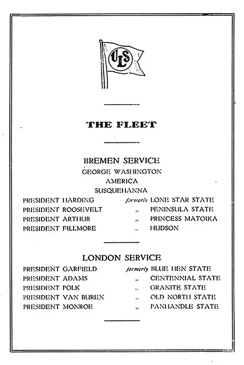 United States Lines Fleet List for Bremen and London Services, 1922.