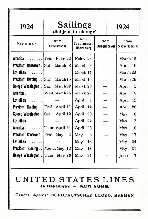 Sailing Schedule, Bremen-Southampton-Cherbourg-Queenstown (Cobh)-New York, from 22 February 1924 to 7 June 1924.