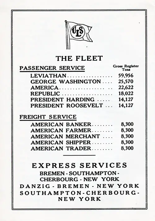 United States Lines Fleet List for Passenger and Freight Services, 1924.