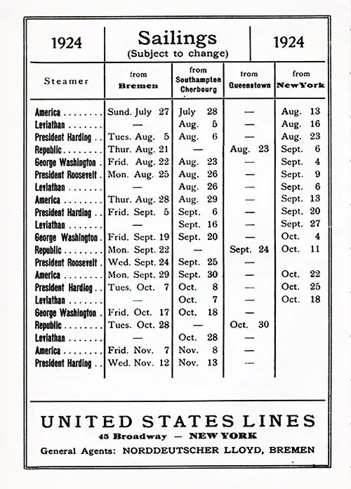 Sailing Schedule, Bremen-Southampton-Cherbourg-Queenstown (Cobh)-New York, from 27 July 1924 to 13 November 1924.