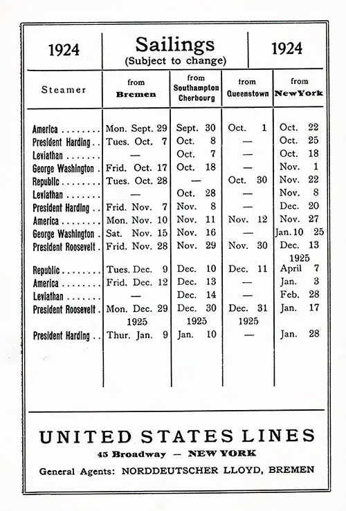 Sailing Schedule, Bremen-Southampton-Cherbourg-Queenstown (Cobh)-New York, from 29 September 1924 to 28 January 1925.