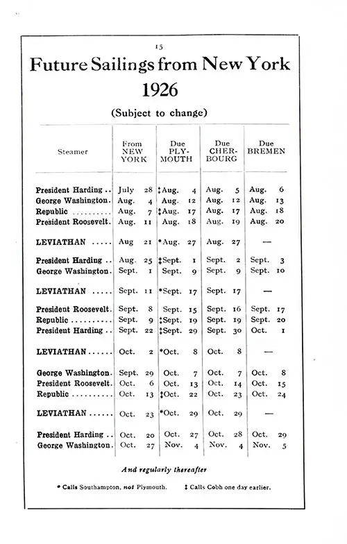 Eastbound Sailings, New York-Plymouth-Cherbourg-Bremen, from 28 July 1926 to 5 November 1926.