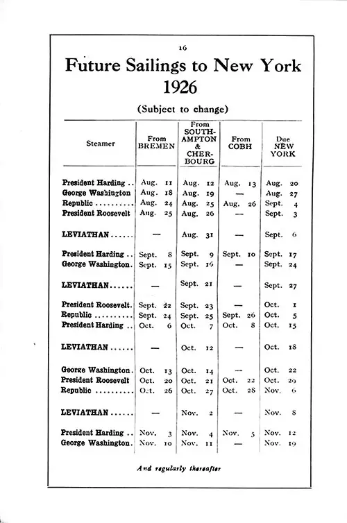 Westbound Sailings, Bremen-Southampton-Cherbourg-Cobh-New York, from 11 August 1926 to 19 November 1926.