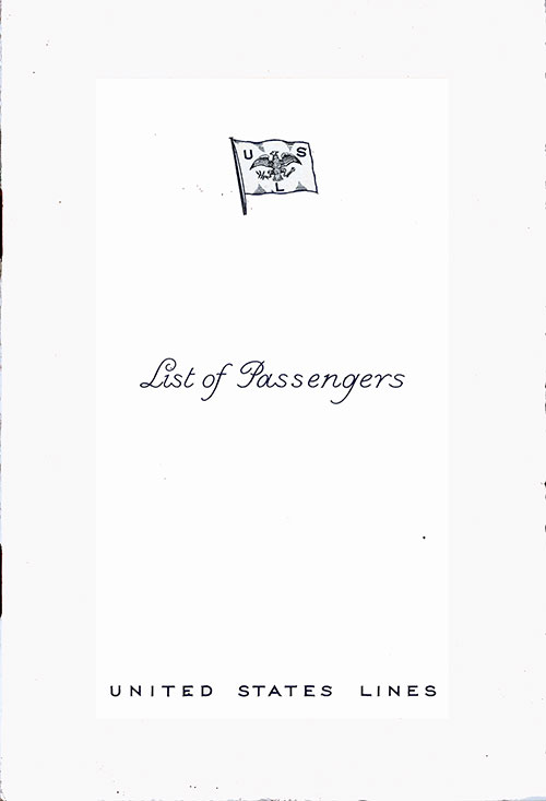 Front Cover of a Tourist Class Passenger List from the SS Manhattan of the United States Lines, Departing 29 June 1938 from Hamburg to New York via Le Havre, Southampton and Cobh