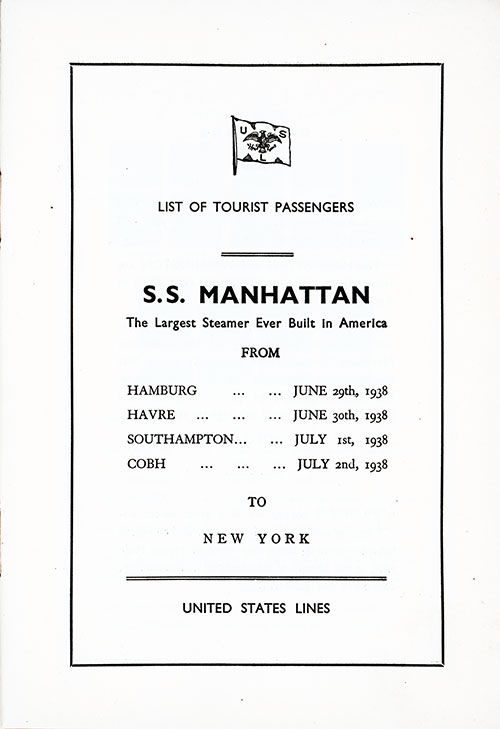 Title Page, SS Manhattan Passenger List, 29 June 1938.