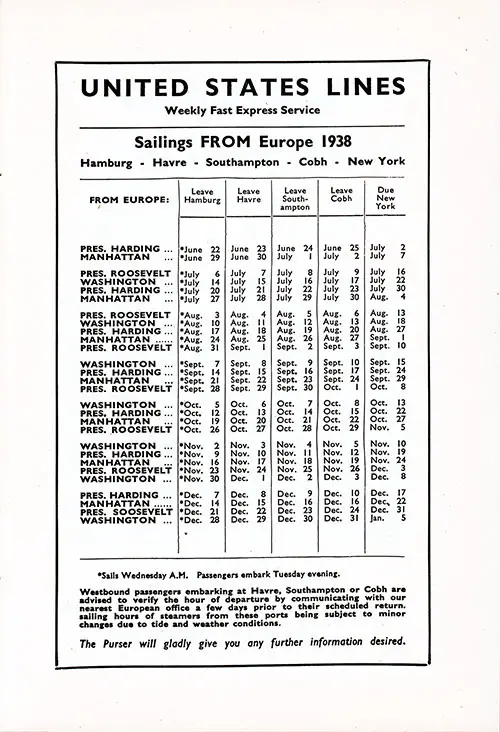 Sailing Schedule, Hamburg-Le Havre-Southampton-Cobh-New York, from 22 June 1938 to 5 January 1939.