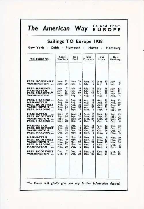 Sailing Schedule, New York-Cobh-Plymouth-Le Havre-Hamburg, from 22 June 1938 to 22 December 1938.