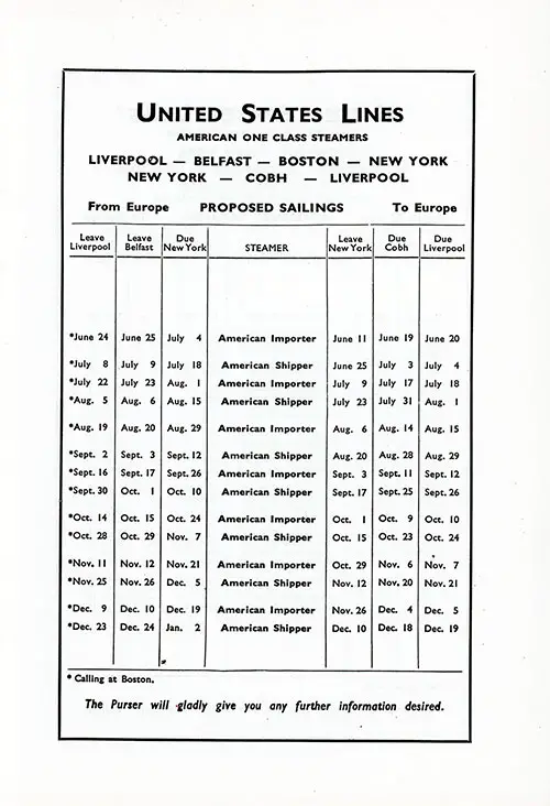 Sailing Schedule, Liverpool-Belfast-Boston-New York and New York-Cobh-Liverpool, from 11 June 1938 to 2 January 1939.