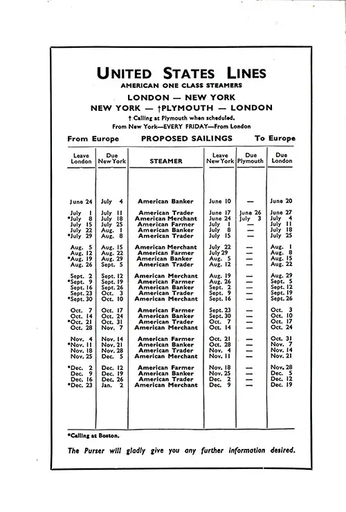 Sailing Schedule, London-New York and New York-Plymouth-London, from 10 June 1938 to 2 January 1929.