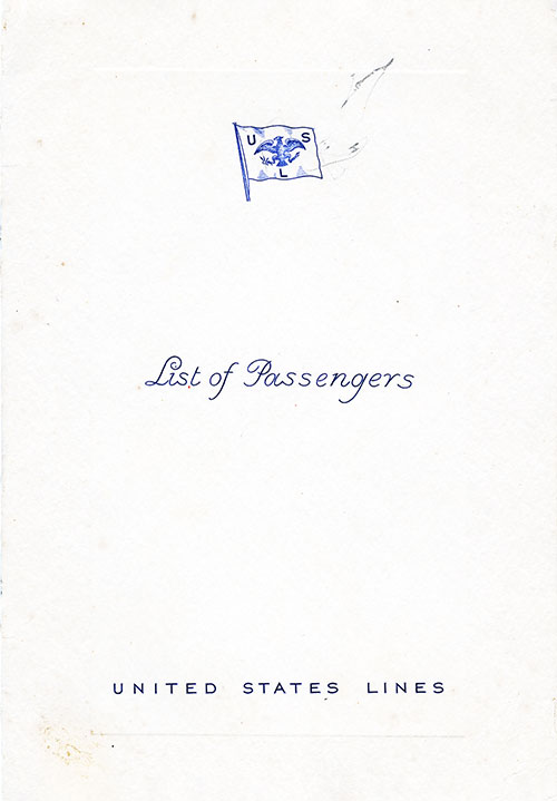 Front Cover of a Cabin Passenger List from the SS Manhattan of the United States Lines, Departing Friday, 10 March 1939, from New York to Hamburg via Cobh, Plymouth, and Le Havre.
