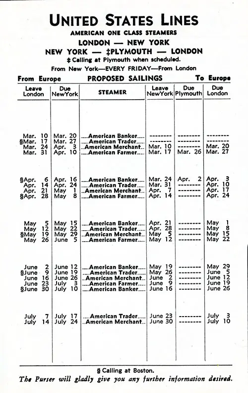 Sailing Schedule, London-New York and New York-Plymouth-London, from 10 March 1939 to 10 July 1939.