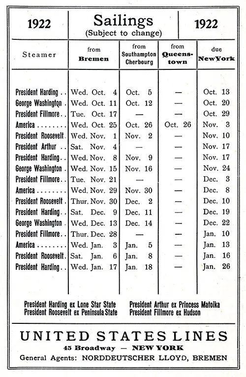 Sailing Schedule, Bremen-Southampton-Cherbourg-Queenstown-New York, from 4 October 1922 to 26 January 1923.