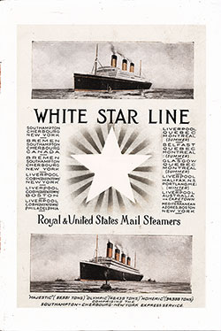 Front Cover, Second Class Passenger List for the RMS Adriatic of the White Star Line, Departing Saturday, 18 August 1923 from Liverpool to New York.