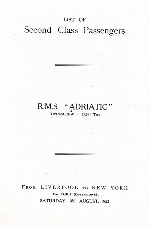 Title Page, SS Adriatic Second Class Passenger List, 18 August 1923.