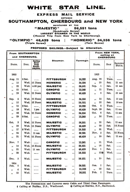 Sailing Schedule, Southampton-Cherbourg-New York, from 11 August 1923 to 2 February 1924.