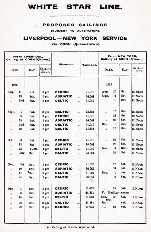 Sailing Schedule, Liverpool-Cobh (Queenstown)-New York Service, from 11 August 1923 to 12 January 1924.