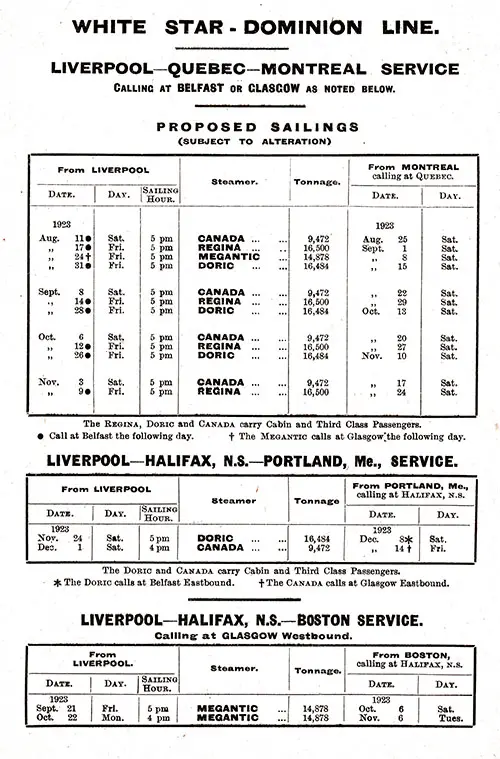 Sailing Schedule, Between European, Canadian, and US Ports, from 11 August 1923 to 14 December 1923.