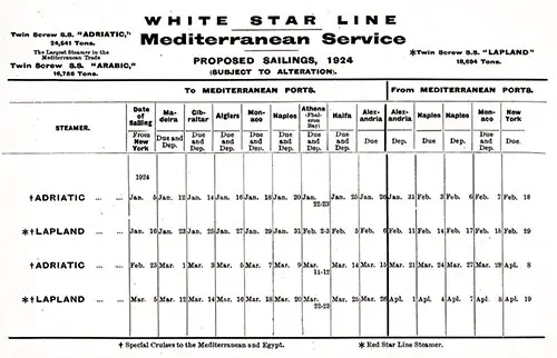 Sailing Schedule, WSL Mediterranean Service, from 5 January 1924 to 19 April 1924.