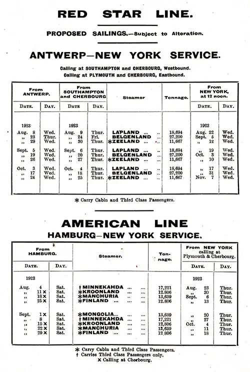 Sailing Schedule, Red Star Line and American Line, from 4 August 1923 to 7 November 1923.