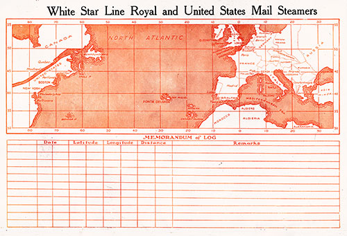 Track Chart and Memorandum of Log (Unused). RMS Adriatic Passenger List, 18 August 1923.