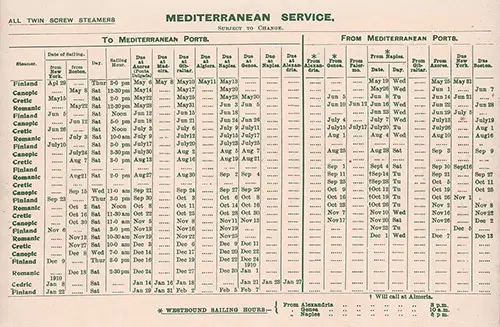 Sailing Schedule, White Star Line Mediterranean Service, from 29 April 1909 to 7 February 1910.