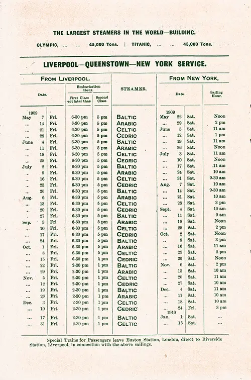 Sailing Schedule, Liverpool-Queenstown (Cobh)-New York Service, from 7 May 1909 to 15 January 1910.