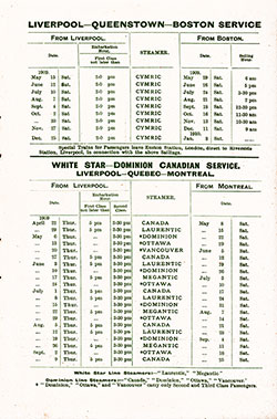 Sailing Schedule, Liverpool-Queenstown (Cobh)-Boston Service and White Star-Dominion Canadian Service, from 22 April 1909 to 8 January 1910.