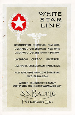 Front Cover of a Cabin Class Passenger List from the RMS Baltic of the White Star Line, Departing 3 March 1928 from Liverpool to New York via Queenstown (Cobh).