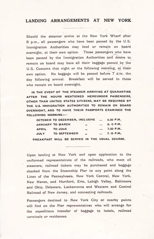 Landing Arrangements in New York, 1928.