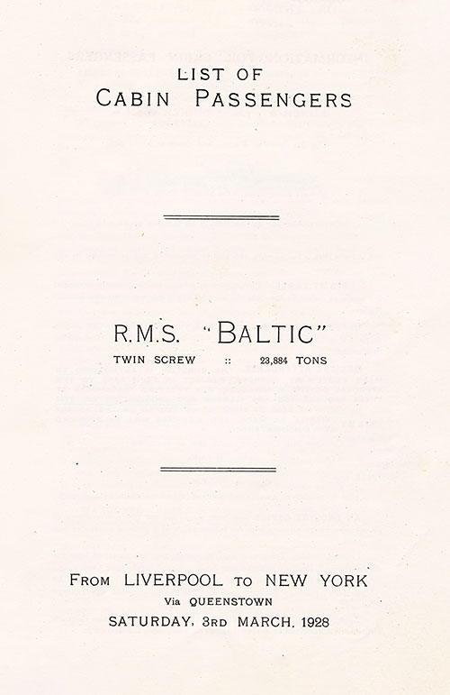 Title Page, RMS Baltic Cabin Class Passenger List, 3 March 1928.