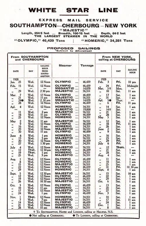 Sailing Schedule, Southampton-Cherbourg-New York, from 25 January 1928 to 8 December 1928.