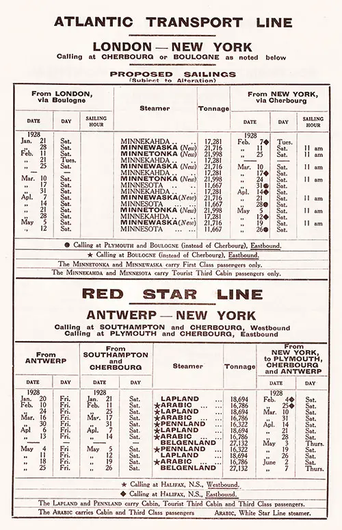 Sailing Schedule, London-Cherbourg or Boulogne-New York, Antwerp-Southampton-Cherbourg-New York and Antwerp-Plymouth-Cherbourg-New York, from 20 January 1928 to 26 May 1928.