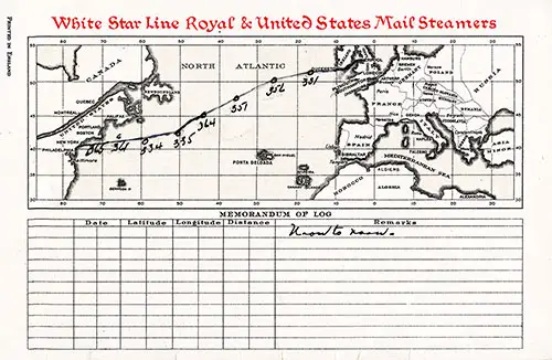Back Cover: Track Chart and Memorandum of Log, RMS Baltic Cabin Class Passenger List, 3 March 1928.