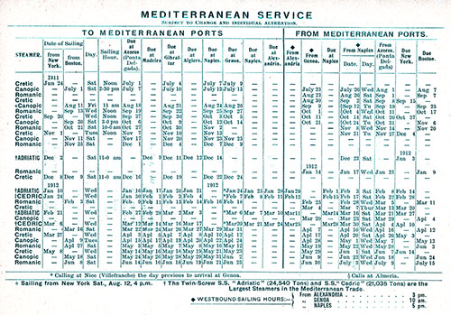 Sailing Schedule, Mediterranean Service, from 24 June 1911 to 15 July 1912.